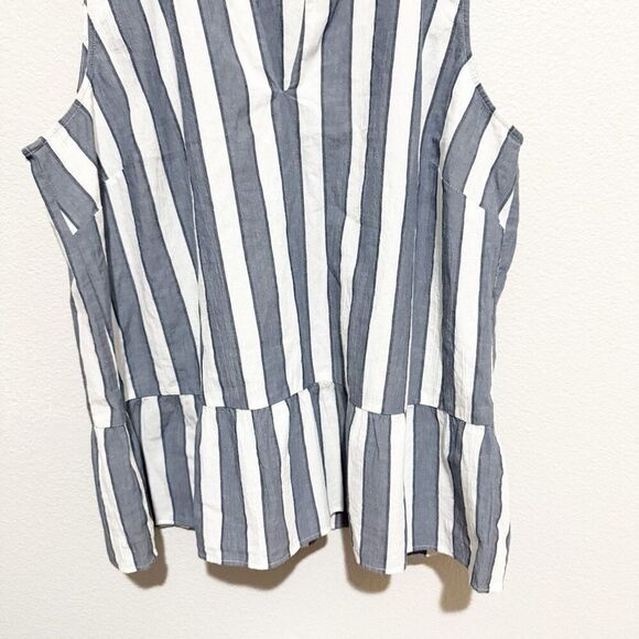 ANN TAYLOR LOFT | Gray Charcoal Off White Stripe Peplum Tank Top Split Neck | XL - Picture 4 of 7